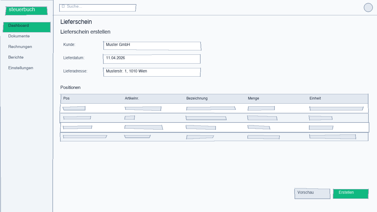 Screenshot of the delivery note creation interface